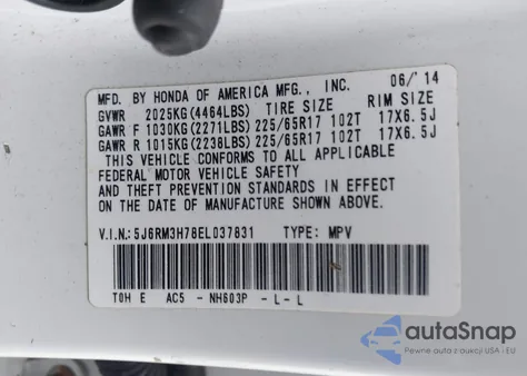 2014 Honda Cr-V Ex-L z USA, uszkodzony, nr VIN 5J6RM3H78EL037831